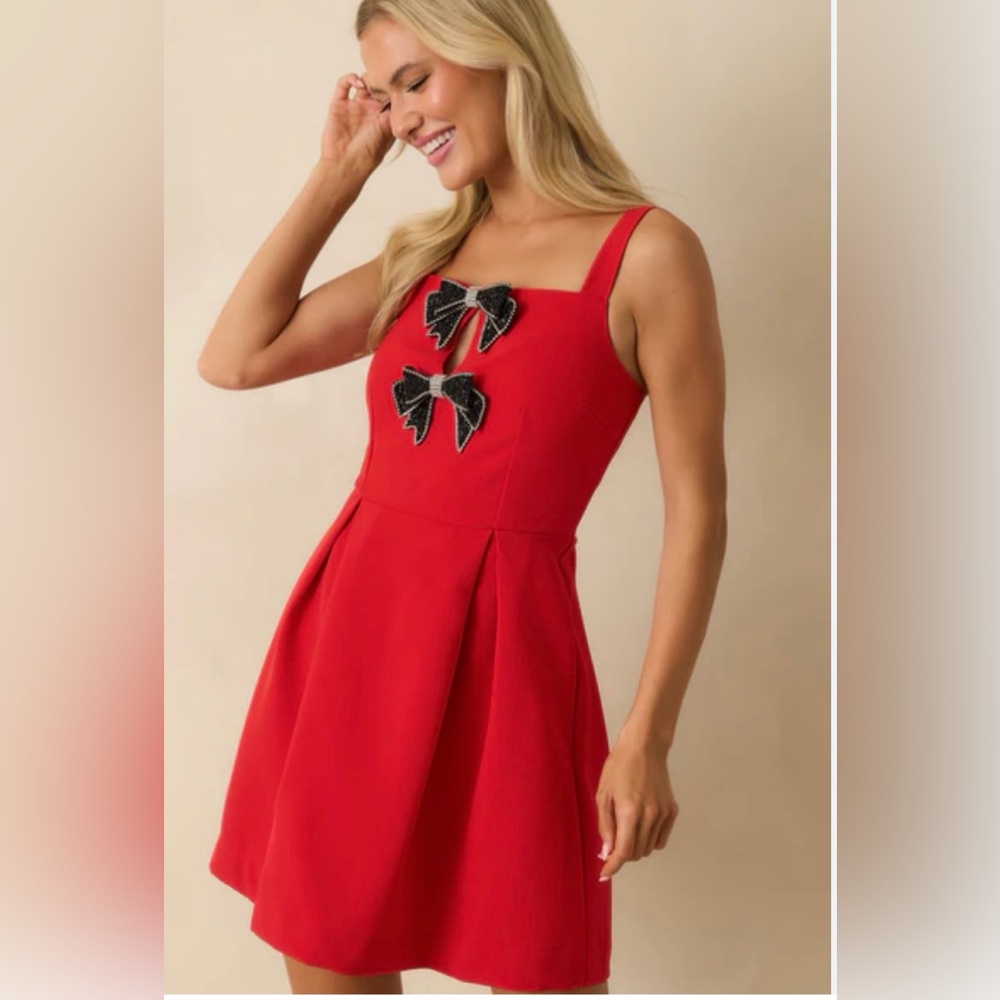 NWT Sugarlips Carey Bow Pleated Mini Dress in red